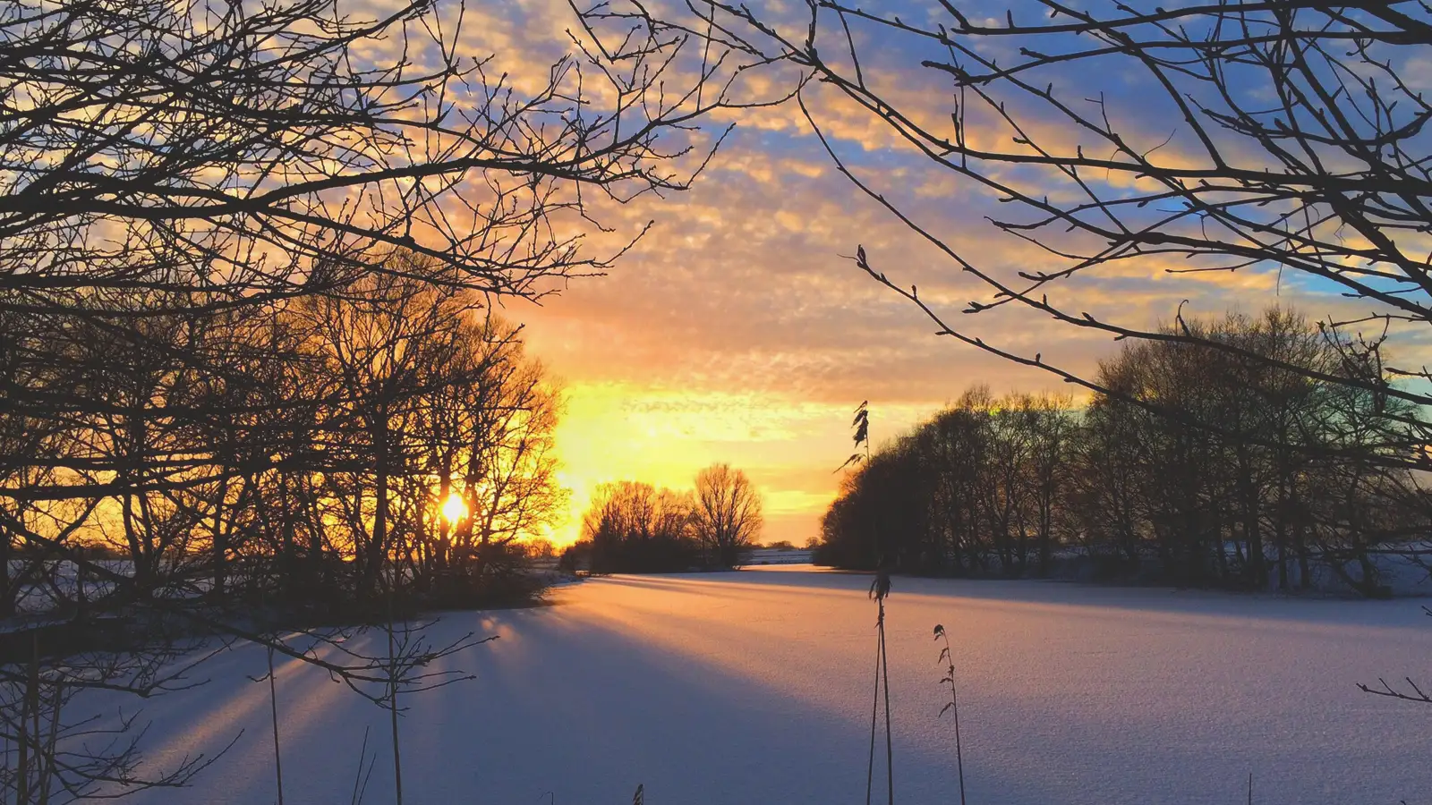 Ein winterlicher Sonnenuntergang über einer verschneiten Landschaft am Abend von Jul