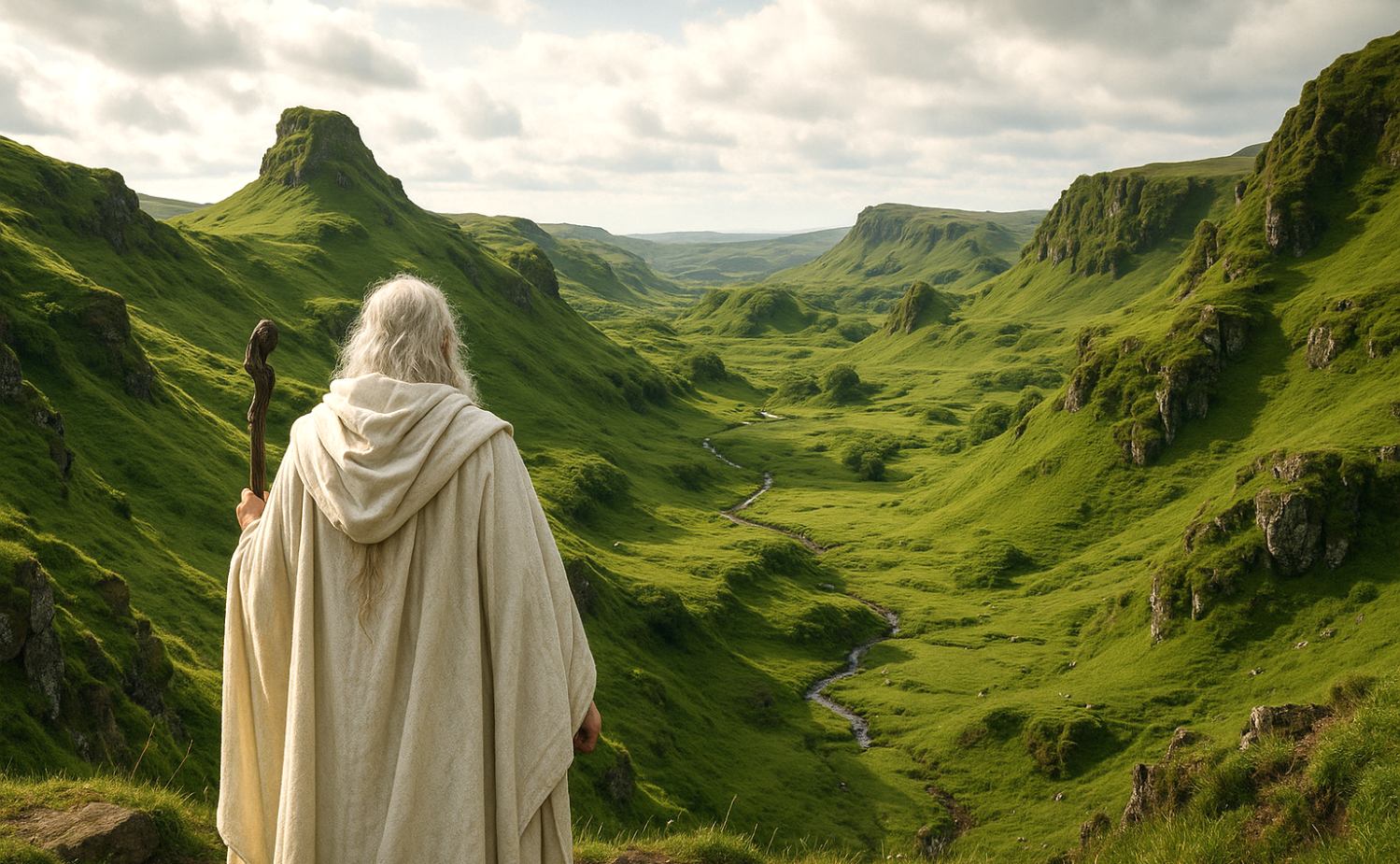 Ein Druide steht auf einem Bergplateau